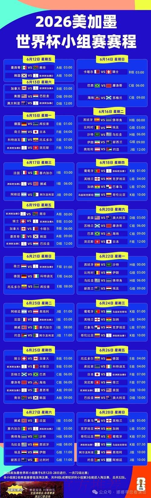 2026世界杯每日赛程官方发布最新时间表免费观看 2026世界杯每日赛程官方发布最新时间表免费观看